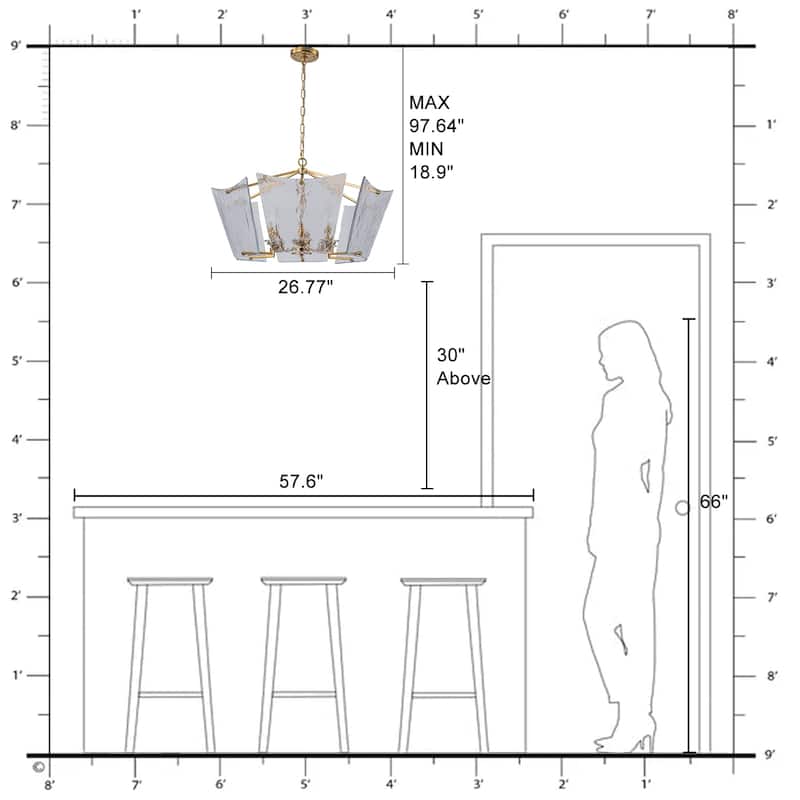 6-Light Gold Geometric Chandelier with Textured Clear Glass Panels - Dia.26.77-in