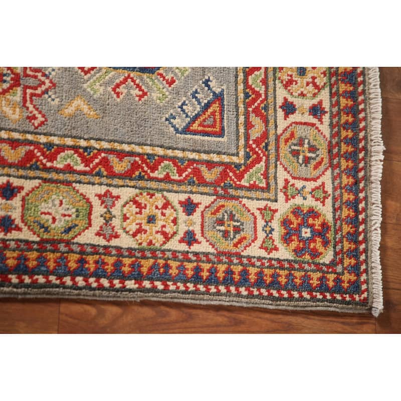 Geometric Kazak Oriental Accent Rug Handmade Grey Wool Carpet - 2'8" x 4'2"
