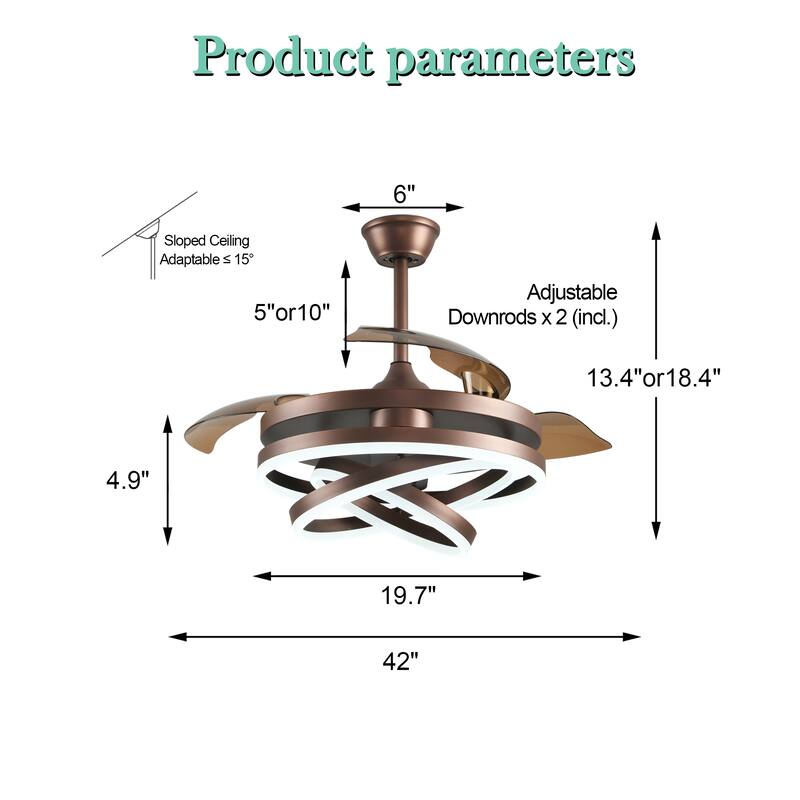 Oaks Aura 42in. DIY Shape Retractable Ceiling Fan With Lights, 6-Speed Latest DC Motor Color Changing Remote Control Ceiling Fan