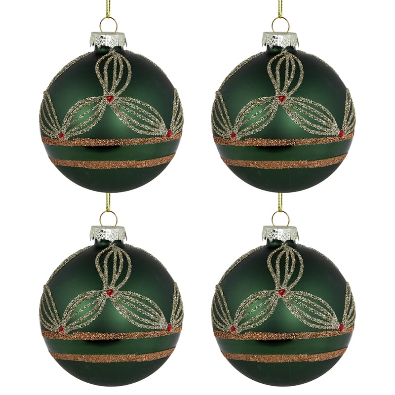 Holly Berry Christmas Glass Ball Ornaments - 3" - Green and Gold - 4ct