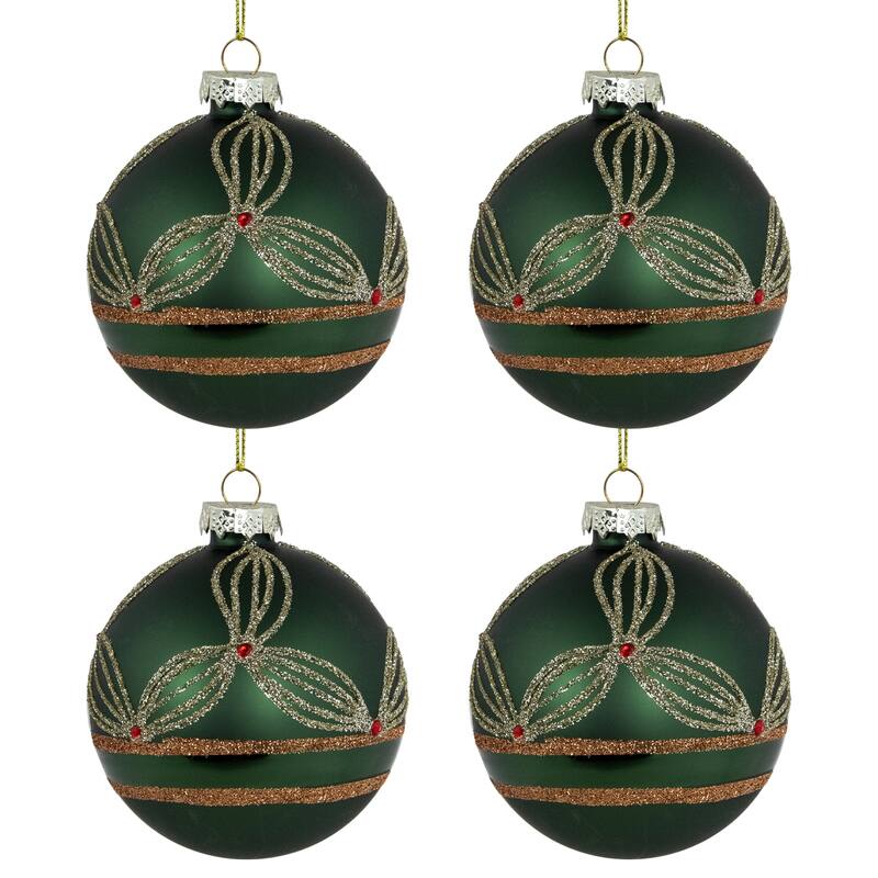 Holly Berry Christmas Glass Ball Ornaments - 3" - Green and Gold - 4ct