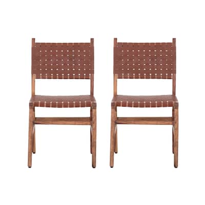 Orson Brown Wood Frame Leather Woven Dining Chairs (Set of 2)