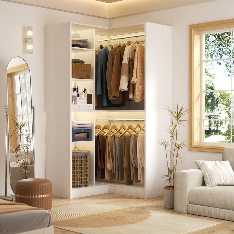 Qvella 36" Corner Closet System with 2 Hanging Rods and Hutches, Freestanding Corner Wardrobe Rack with Adjustable Shelves - White