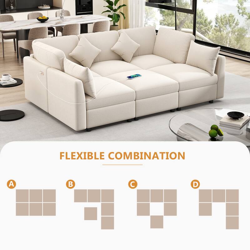 L-Shaped Modular Sectional Sofa Convertible U-Shaped Sofa Bed with Movable Ottoman and 2 USB Ports, 2 Pillows, Chenille 5 Seat