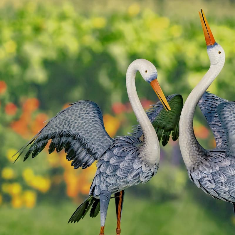 Set of 2 51" Tall White Neck Blue-Grey Heron Garden Figurines
