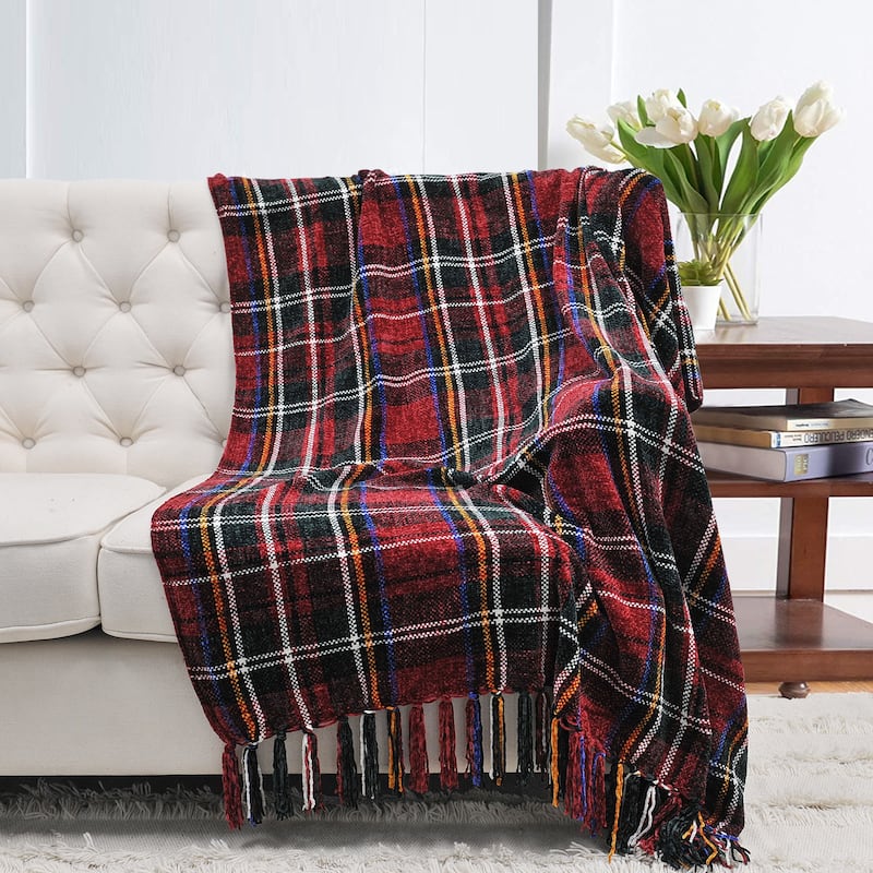 Multi Color Crystal Chenille Throw Blanket - 50" x 60" - Red/Green/White Plaid