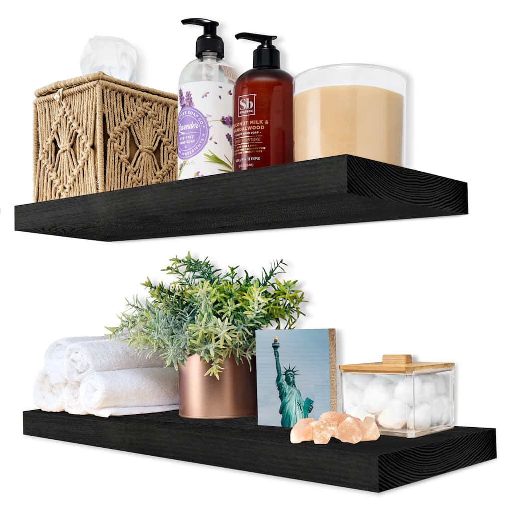 Solid Wood Floating Shelves for Wall - Compact Wooden Wall-Mounted Shelves (16”, Set of 2) - 5.5” L X 16"W X 1.2” H