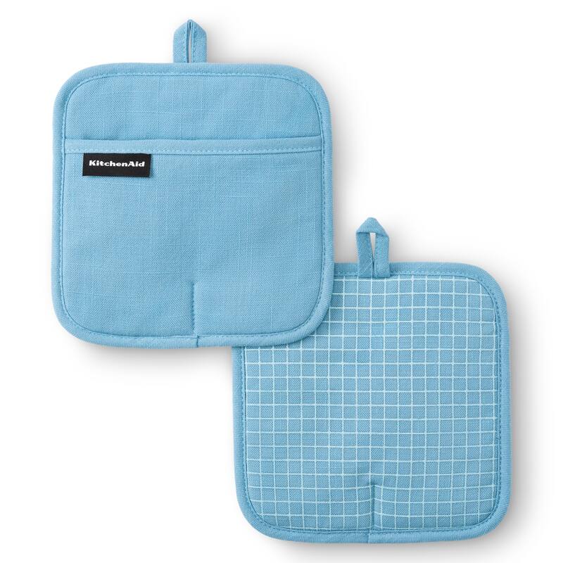 KITCHENAID Gourmet Series Gridlines Pot Holders 2-Pack Set, Heat Resistant up to 600°F, Soft Silicone Grip, Magnetic Cuff - Blue Velvet