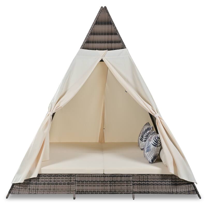 90.5" Outdoor Wicker Sunbed With Colorful Pillows, Cushions & Tent Shape