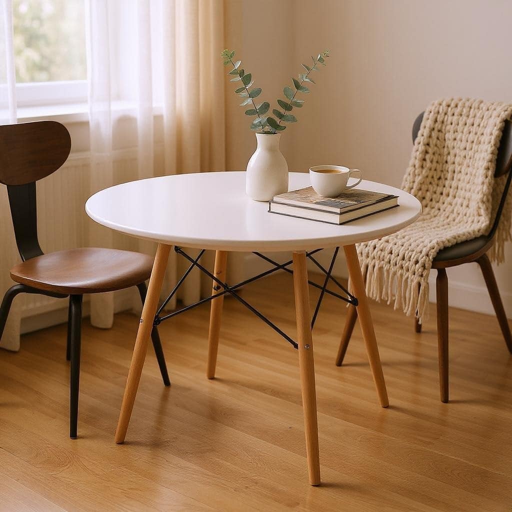 HomeRoots 36" White and Natural Wood Round Top Dining Table - 36.00 in. x 29.00 in. x 36.00 in.