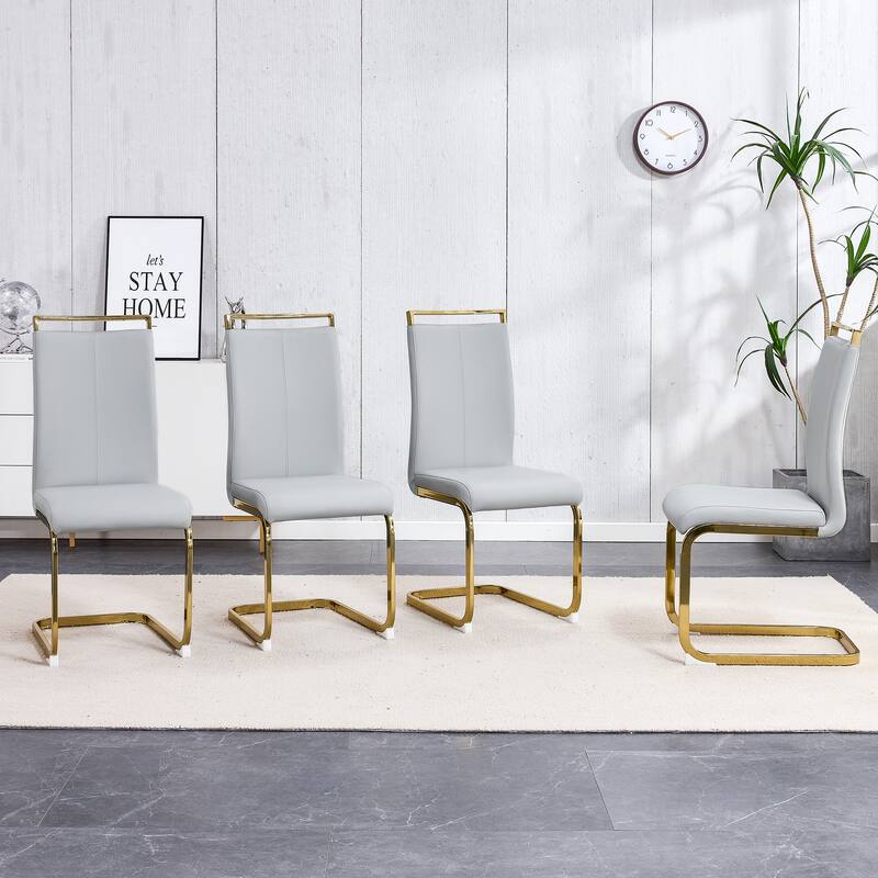Dining Chair,PU Faux Leather High Back Upholstered Side Chair with C-shaped Tube Golden Coating Metal Legs