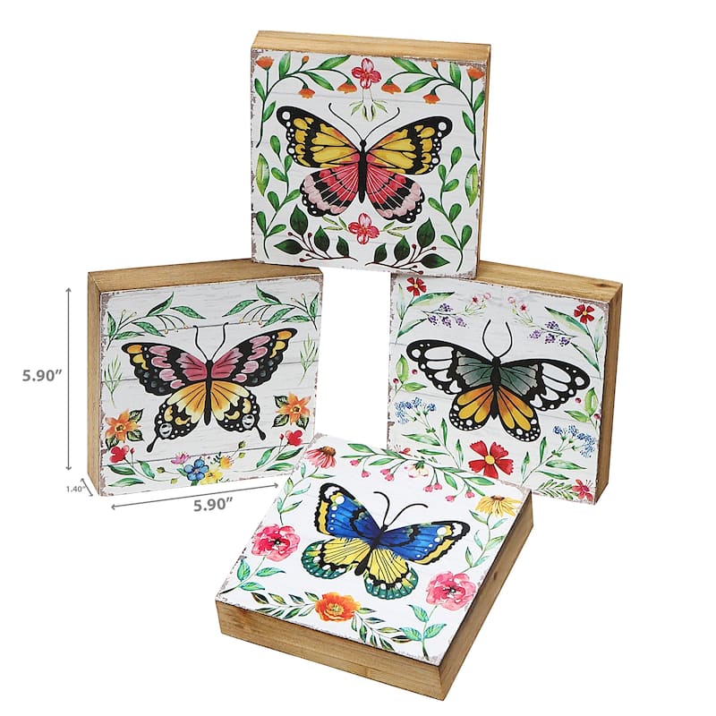 IH Casa Decor Square Wood Blocks Butterfly Asstd - Set of 4