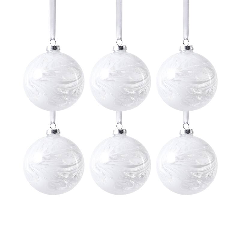 White Watercolor Glass Ball Christmas Ornaments, Set of 6, 4"