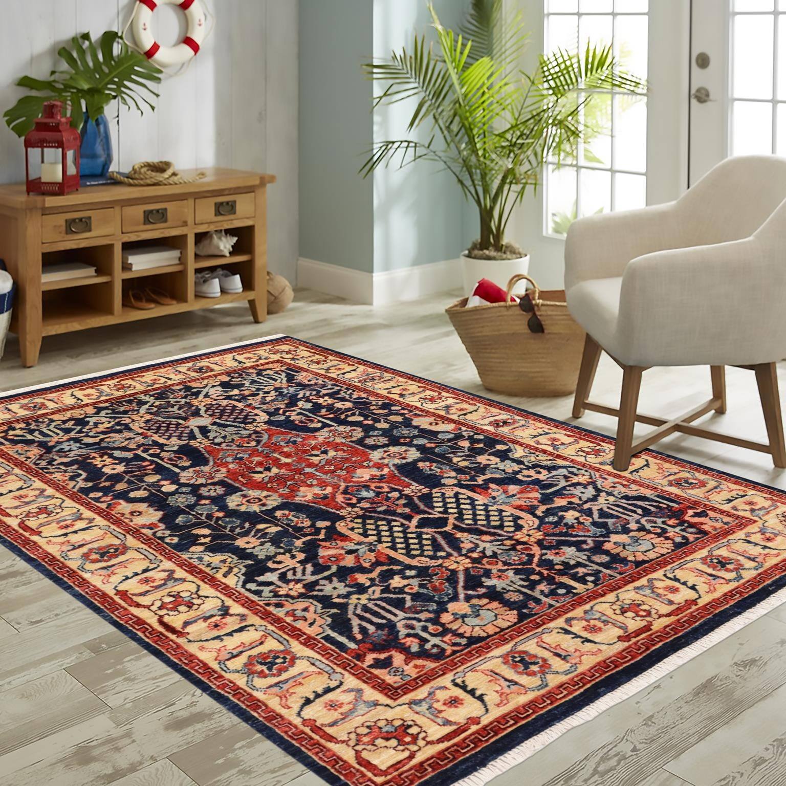 Bohemian Heriz Ziegler Chaya Blue Tan HandKnotted Rug 4'0'' x 5'11