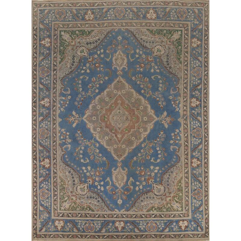 Tabriz Persian Vintage Area Rug Hand-Knotted Geometric Wool Carpet - 9'10"x 12'9"