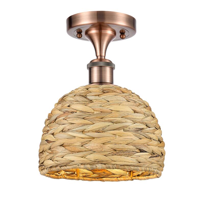Innovations Lighting Woven Rattan - 1 Light 8" Semi-Flush Mount - Antique Copper/Natural Rattan