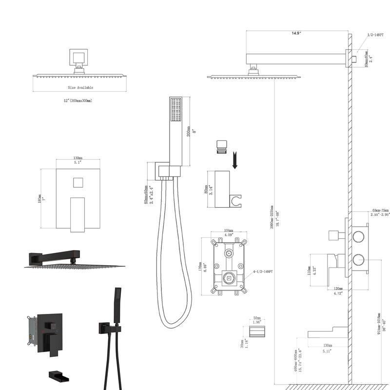 Topcraft 12-Inch Wall Mounted Square Shower System with Rough-in Valve - 12*12