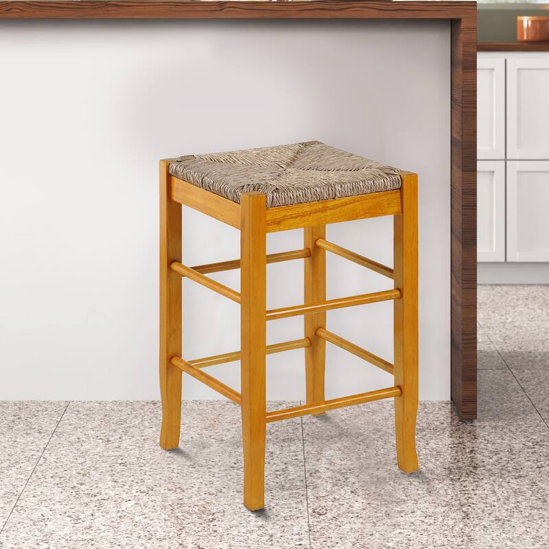 Chris 24 Inch Counter Stool with Wood Frame, Handwoven Rush Seat, Oak Brown