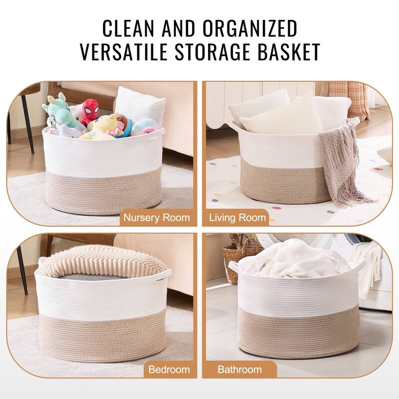 87L Woven Cotton Rope Basket for Blanket Storage with Handles - 22 x 22 x 14 in