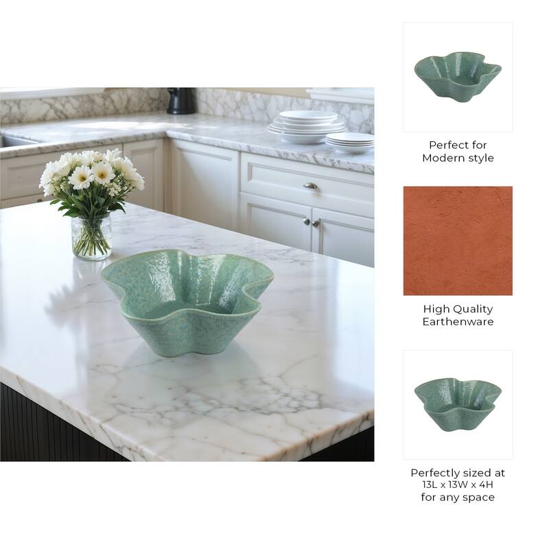 Ceramic Decorative Bowl with Wavy Edge and Textured Design - 13" Green - 13" x 13" x 4"