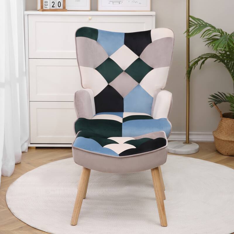 Creative Splicing Cloth Accent Chair with Ottoman