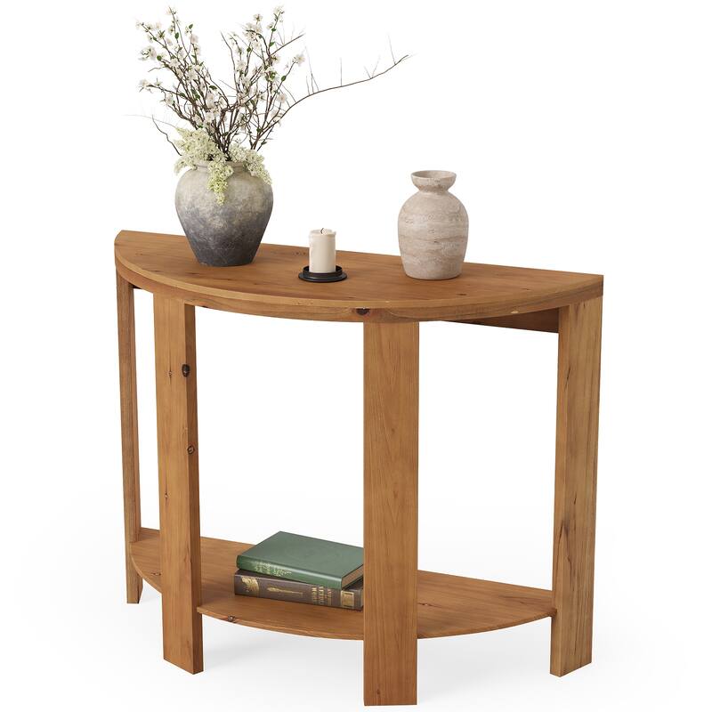 Farmhouse Solid Wood Small Half Moon Console Table with 2-tier Storage
