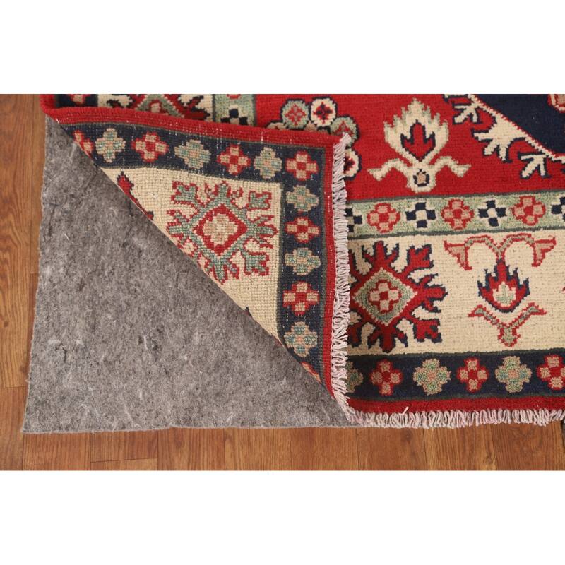 Geometric Kazak Area Rug Handmade Red Wool Carpet - 5'1" x 6'8"