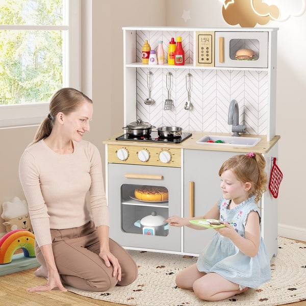 slide 2 of 8, Wooden Kitchen Toy Set with Stove, Sink and Cooking Accessories - 24" x 12" x 33" Kitchens