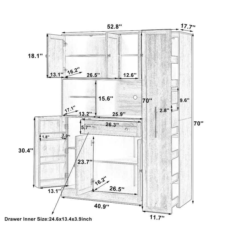 Traditional 70" Height Freestanding Buffet with Hutch Shelves and 1 Drawer
