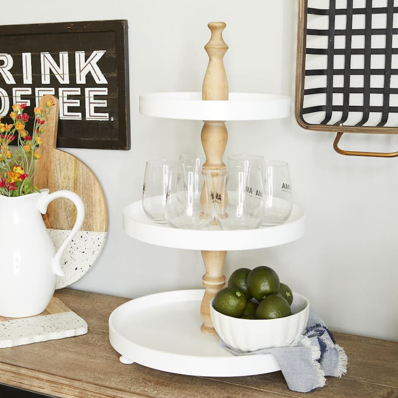 Wood 3 Level Tiered Server with Wood Post - Black or White - Roche River Decor