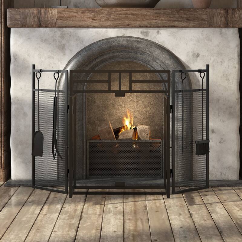 3-Panel Fireplace Screen with Doors and Tools Set, Wrought Iron Mesh Spark Guard for Indoor Fireplace Safety