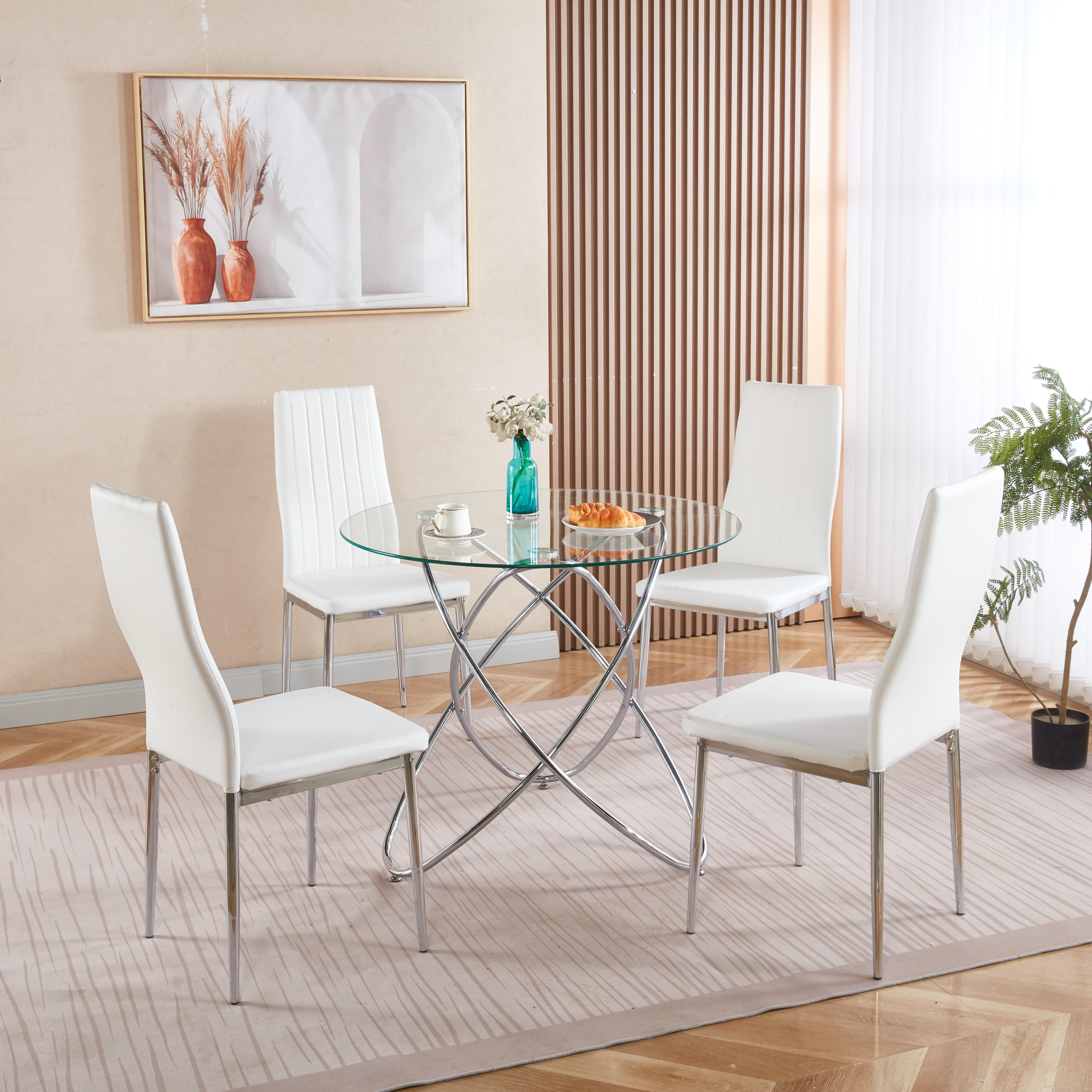 5-Piece Dining Set, Mid-Century Metal Leg Table (Glass Top) for 4-6, Pedestal, Multi-Functional as Coffee Table