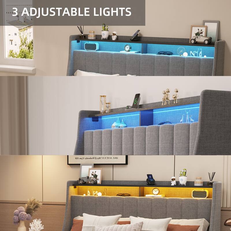 Queen/Full/Twin Size Wings Headboard Design Bed Frame with LED, 4 Under-bed Portable Storage Drawers