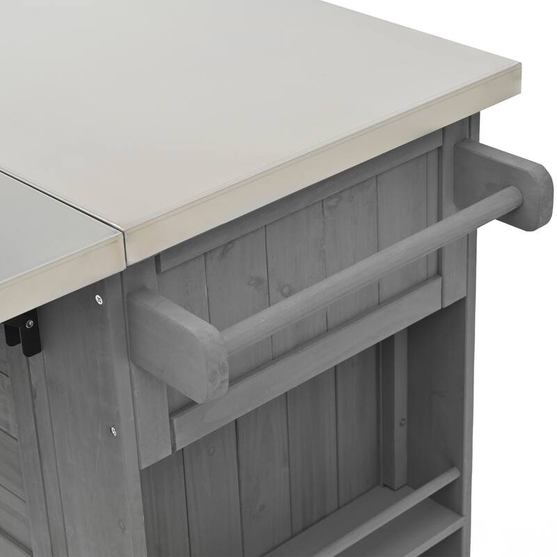 Outdoor Kitchen Island Fir Wood Kitchen Island with Stainless Steel Top, Ample Storage Space, Towel and Spice Racks
