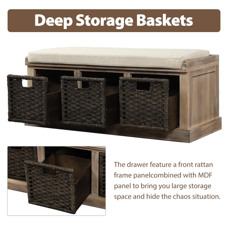 Entryway Storage Bench with 3 Removable Basket, Shoe Bench with Removable Cushion for Living Room, Entryway, Hallway