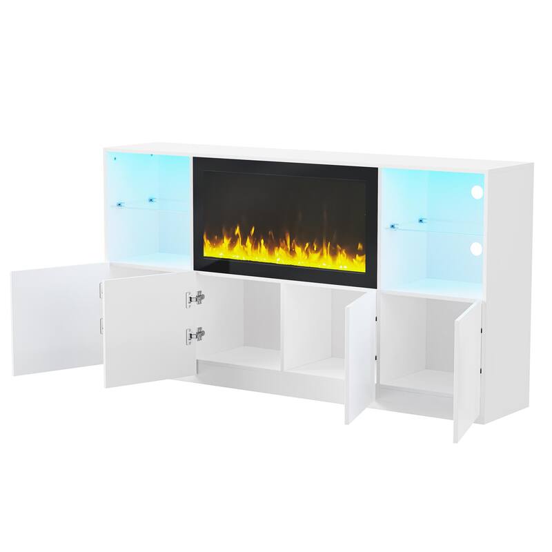 Modern High Gloss TV Stand with 34.2" Non-heating Electric Fireplace, LED Lighting for TVs up to 75"