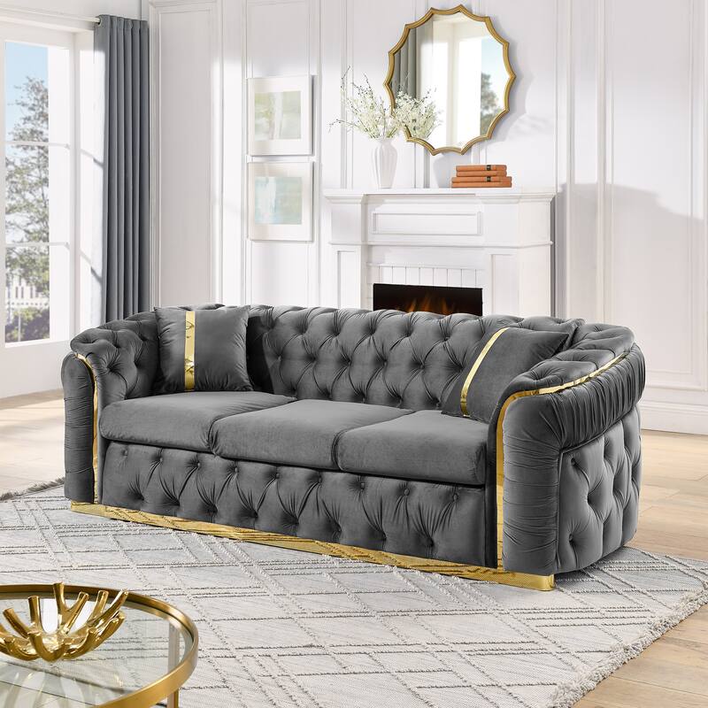 90.6″ Velvet 3-Seater Sofa with 2 Pillows, High-Density Foam & Gold Accents