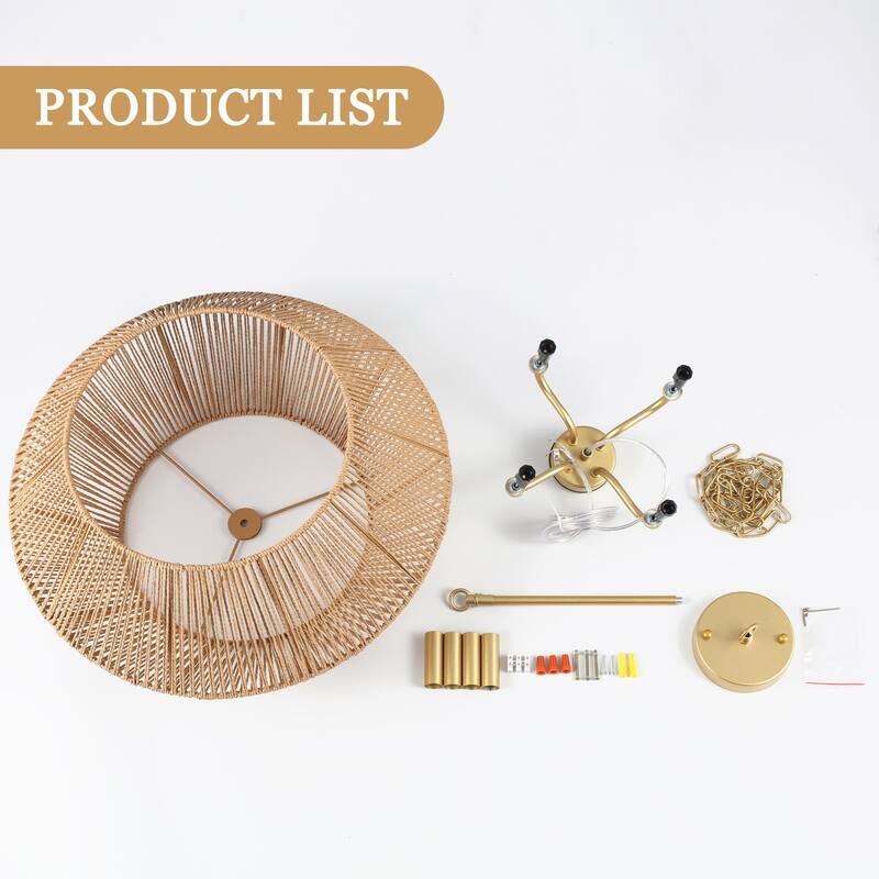 4-Light Dimmable Pendant Light, Paper Rattan Lampshade Candle Chandelier for Living Room with no bulbs included