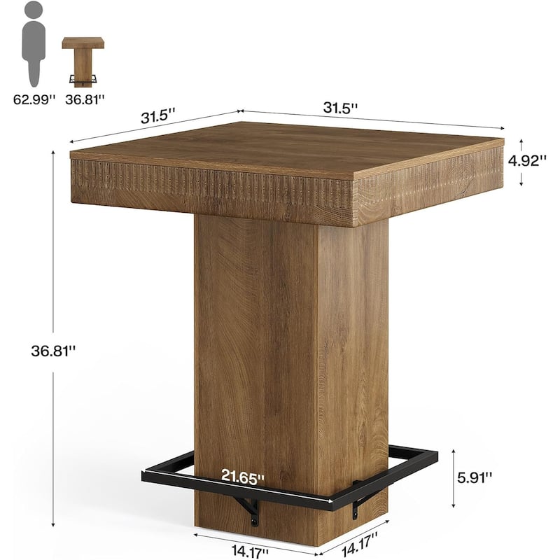 37.4" H Square Bar Table, Industrial Wooden Bistro Pub Table with Metal Footrest - 31.5"L x 31.5"W x 37.4"H