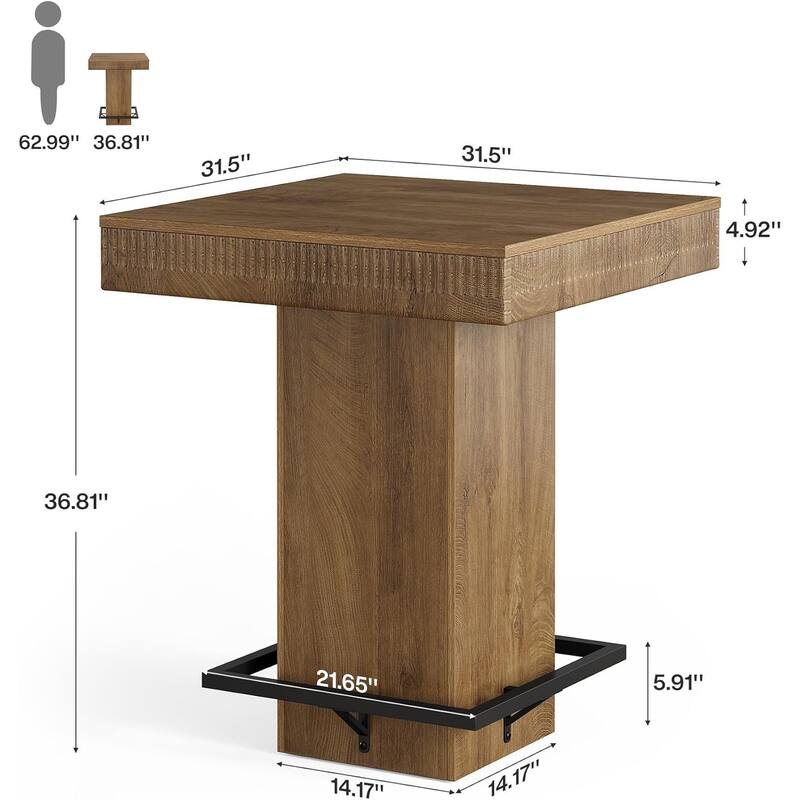 Square Bar Table, 37.4"H Wooden Bistro Pub Table with Metal Footrest for Small Bars, Kitchen Nook