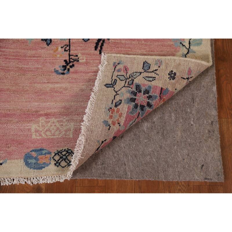 Pink Floral Oushak Vegetable Dye Runner Rug Hand-knotted Wool Carpet - 3'5"x 11'7"