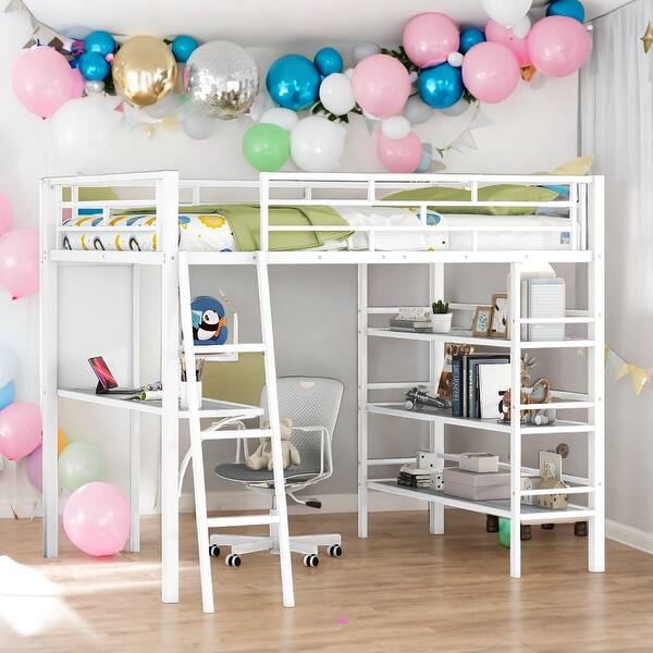 slide 2 of 10, Full Size Loft Metal Bed with 3 Layers of Shelves and Desk, Stylish Metal Frame Bed with Whiteboard,Easy Assembly,White White