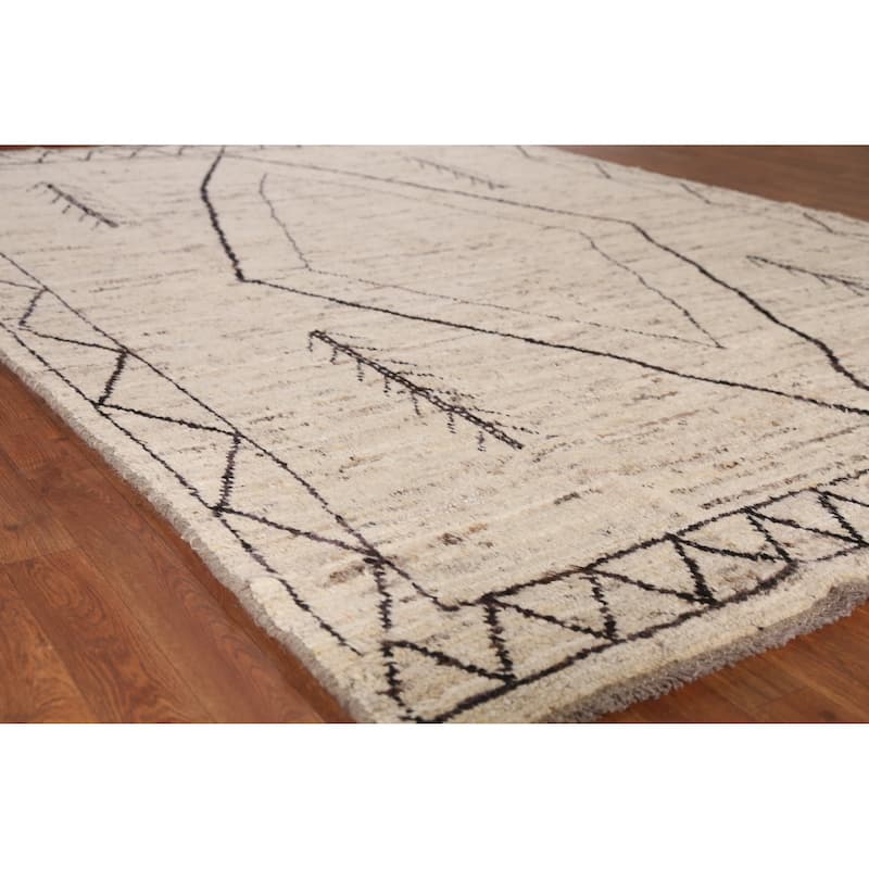 Geometric Grey Moroccan Oriental Area Rug Hand-Knotted Wool Carpet - 6'11" x 9'7" - 6'11" x 9'7" - Ivory/Beige