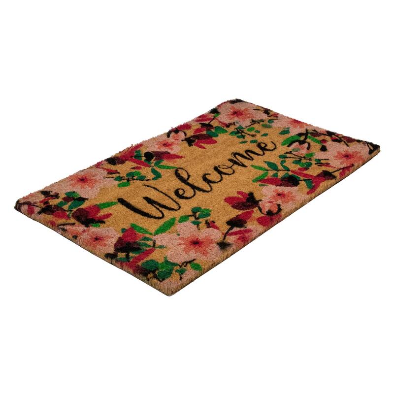 Natural Coir Blossoming Floral Outdoor Rectangular "Welcome" Doormat - 30
