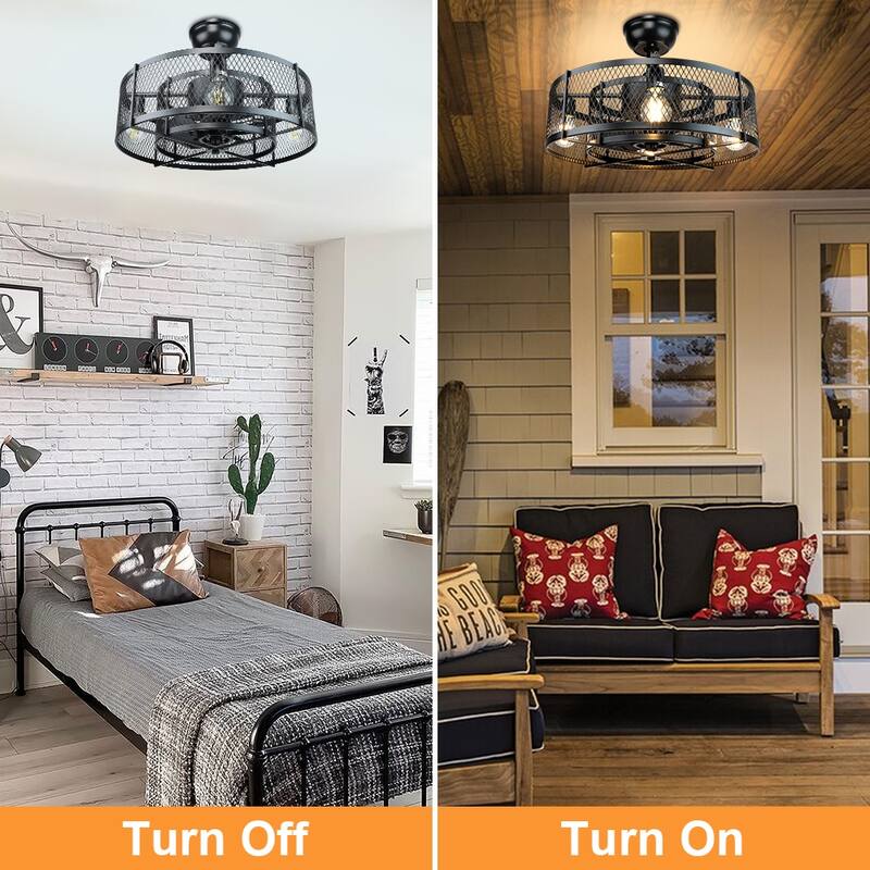Cage Ceiling Fan with Light and Smart Control for Bedroom, Farmhouse
