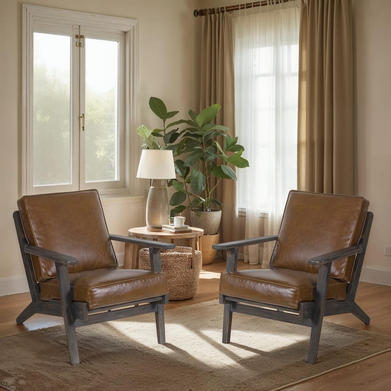 Amber Accent Chair, Handcrafted Slatted Mango Wood, Buffalo Leather Cushions, Angled Legs - Brown
