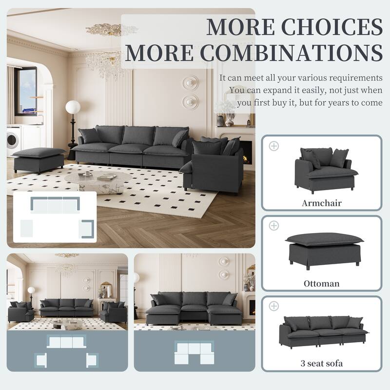 Modular L Shaped Chenille Sectional Couch w/Armchair & Movable Ottoman