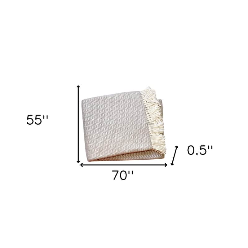 HomeRoots 70" X 55" Gray And White Cotton Blend Woven Herringbone Plush Throw Blanket with Tassels