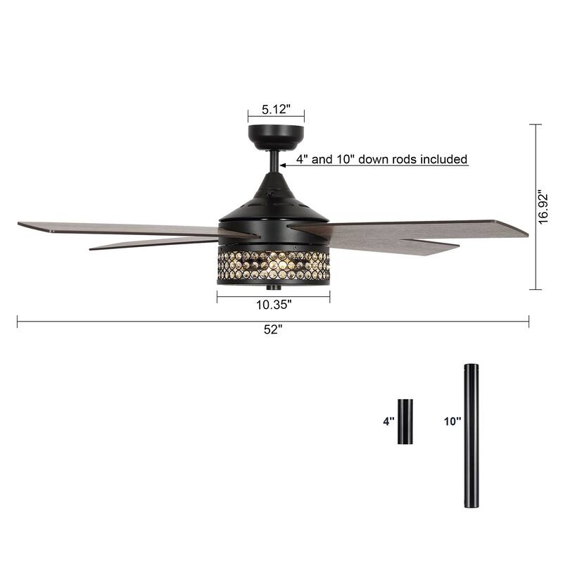52" Wood 4-Blade Matte Black Crystal Ceiling Fan with Remote