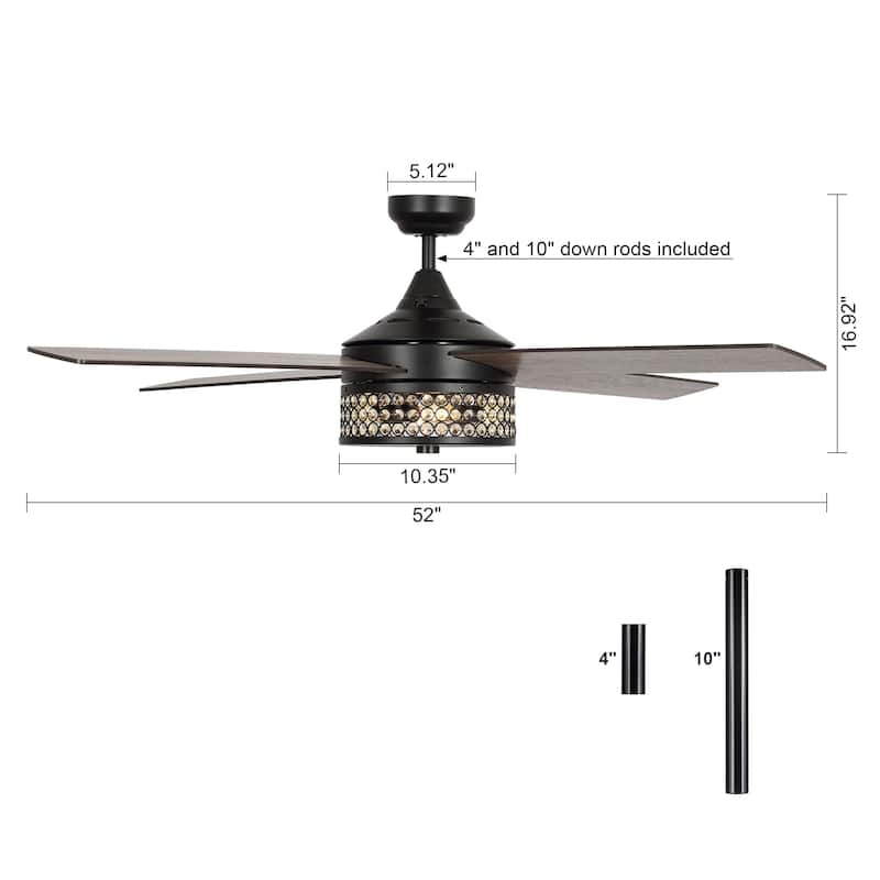 52-inch Matte Black Plywood 4-Blade Crystal Ceiling Fan with Remote - 52-in